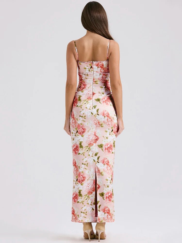 Spaghetti Strap Print Maxi Dress - Women's Sleeveless Backless Bodycon Long Dress