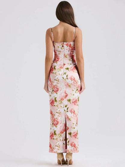 Spaghetti Strap Print Maxi Dress - Women's Sleeveless Backless Bodycon Long Dress