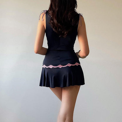 TARUXY Lace V-neck Mini Dress Hot Girls Bow Bandage Pleat Slit Sexy Plunge Sleeveless Slim Beach Dress Party Female Summer New