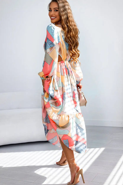 abstract print o ring cut multicolor maxi dress