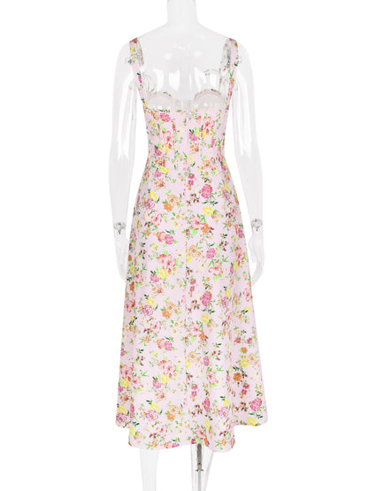 Floral Dress Midi Dress Floral Print Sleeveless Straps Neck Chic Adjustable Straps Lace Up Long Fall