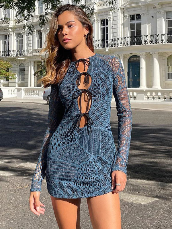 Mini Dresses Blue Long Sleeves Short Dress