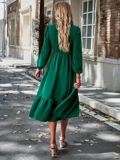 Midi Dress V Neck Lantern Sleeves Pleated Flared Daily Casual Dresses