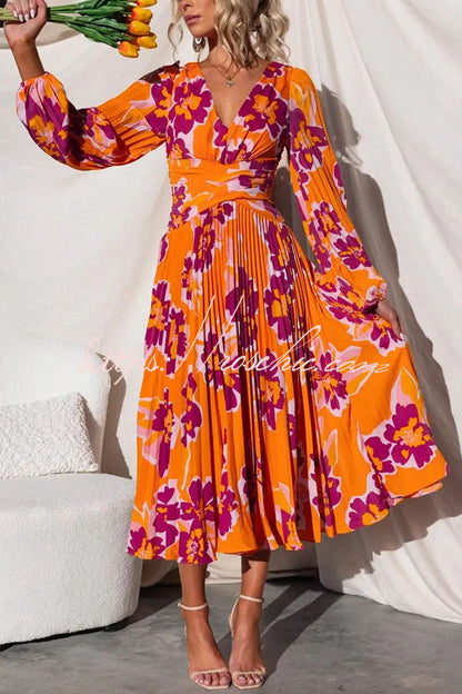 Feeling Loved Floral Print Back Cutout Pleated Midi Dress