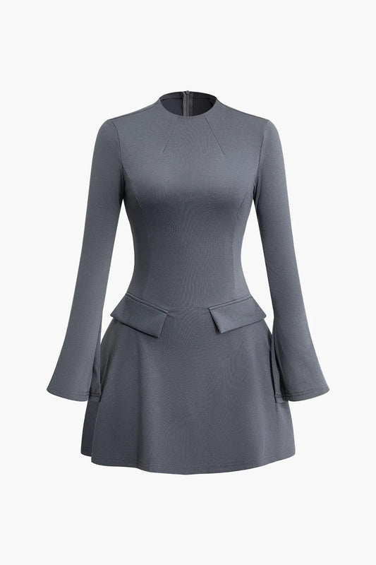 Cora Solid Grey Stitching Bell Sleeve Mini Dress