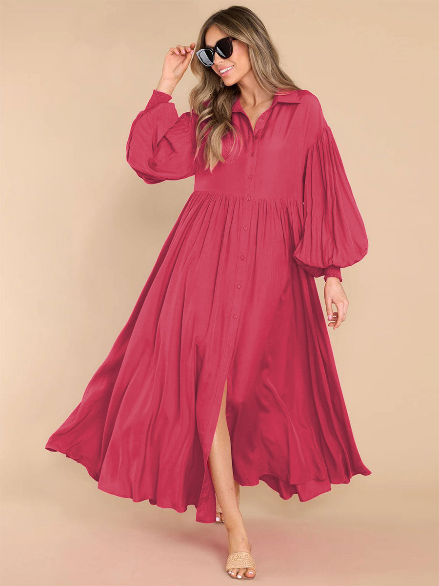 Maxi Dress White Turndown Collar Long Sleeves Oversized Shirt Dress