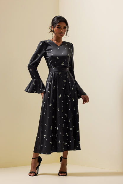 Satin Floral Ball Sleeve Midi Dress