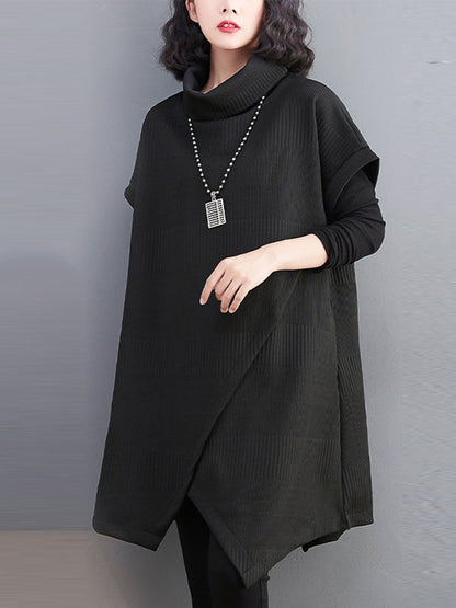 Short Sleeves Asymmetric Solid Color Split-Front High-Neck Knitwear Mini Dresses