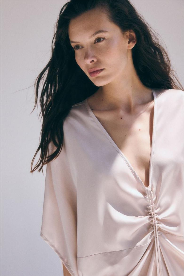 Satin V-Neck Drawstring Midi Dress