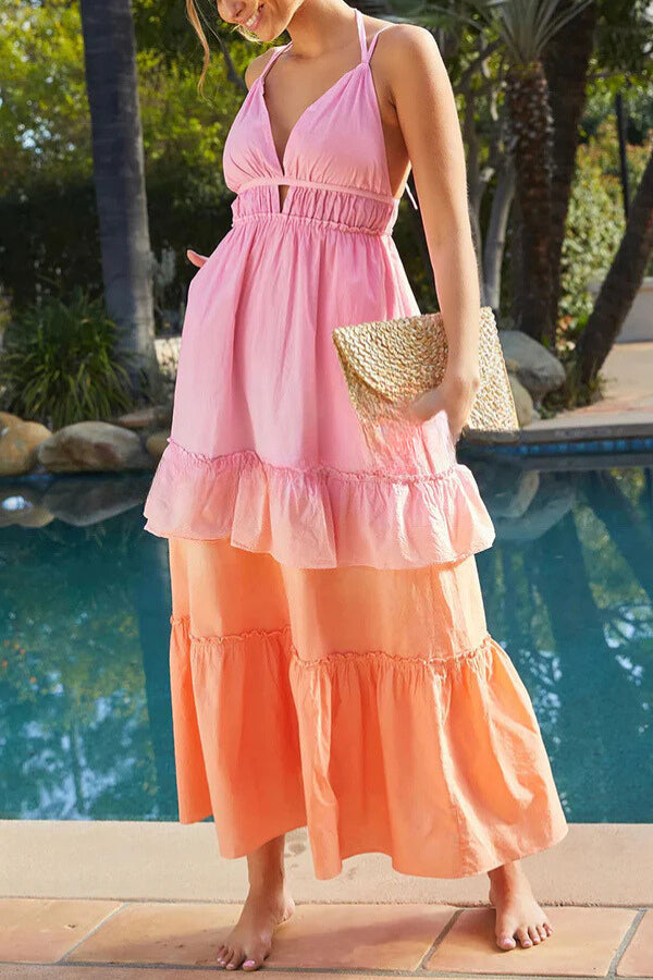 Living for Beach Days Linen Blend Gradient Pocketed Halter Maxi Dress