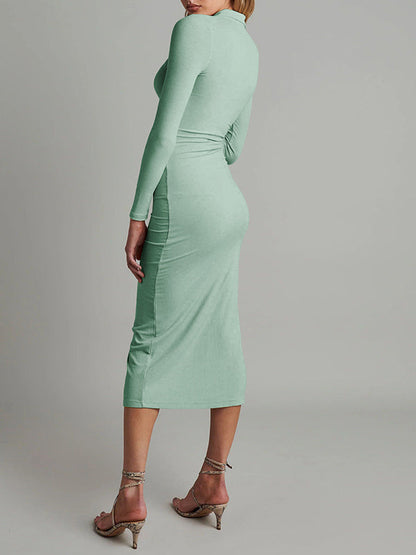 High Waisted Long Sleeves Buttoned Solid Color Lapel Midi Dresses