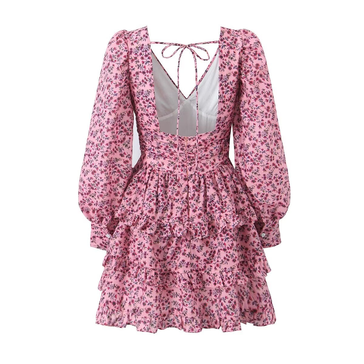 Early Spring Romantic Printed Sexy Backless V Neck Long Sleeve Princess Dress Short Dress – Floral Print Backless V Neck Mini Dress
