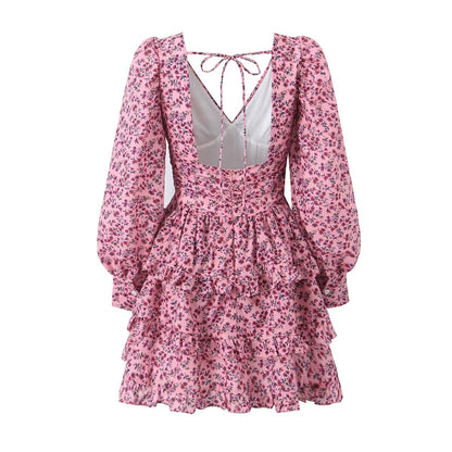 Early Spring Romantic Printed Sexy Backless V Neck Long Sleeve Princess Dress Short Dress – Floral Print Backless V Neck Mini Dress