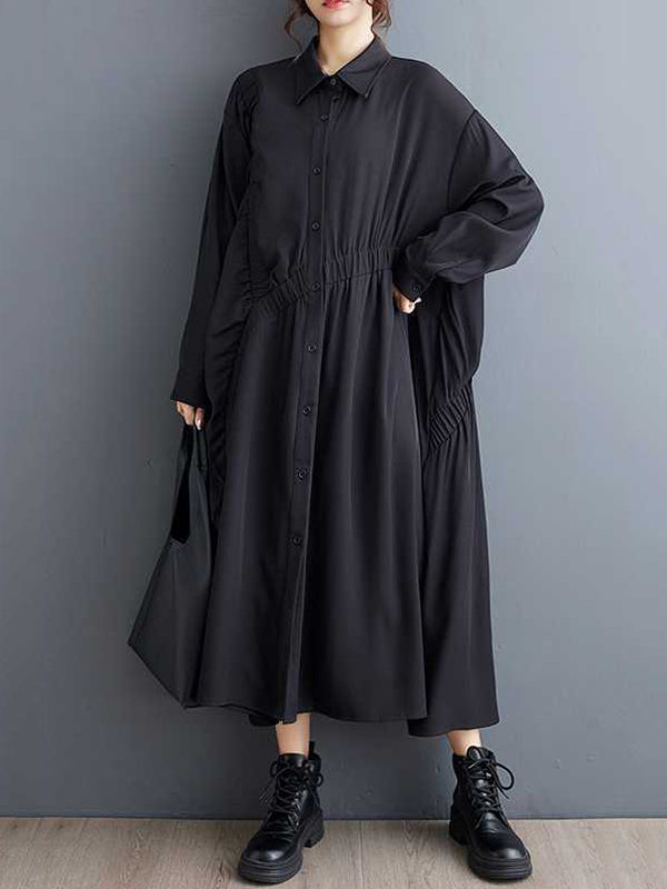 A-Line Long Sleeves Asymmetric Buttoned Elasticity Pleated Pockets Solid Color Lapel Midi Dresses Shirt Dress