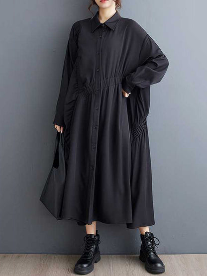A-Line Long Sleeves Asymmetric Buttoned Elasticity Pleated Pockets Solid Color Lapel Midi Dresses Shirt Dress
