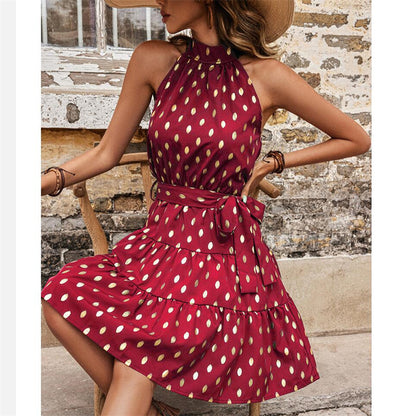 Elegant Dot Sleeveless Halter Neck Mini Dress in Green, Navy, Wine Red