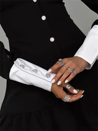 Tossy Vintage Contrast Mini Dress Female Ruffled Patchwork Lapel Elegant Club Gown Bandage Long Sleeve Fashion Slim Dress 2023