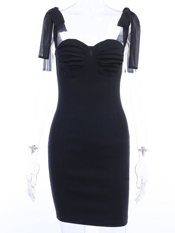 Black Bodycon Dresses Tie Straps Pleated Front Sexy Party Mini Dress