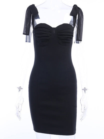 Black Bodycon Dresses Tie Straps Pleated Front Sexy Party Mini Dress