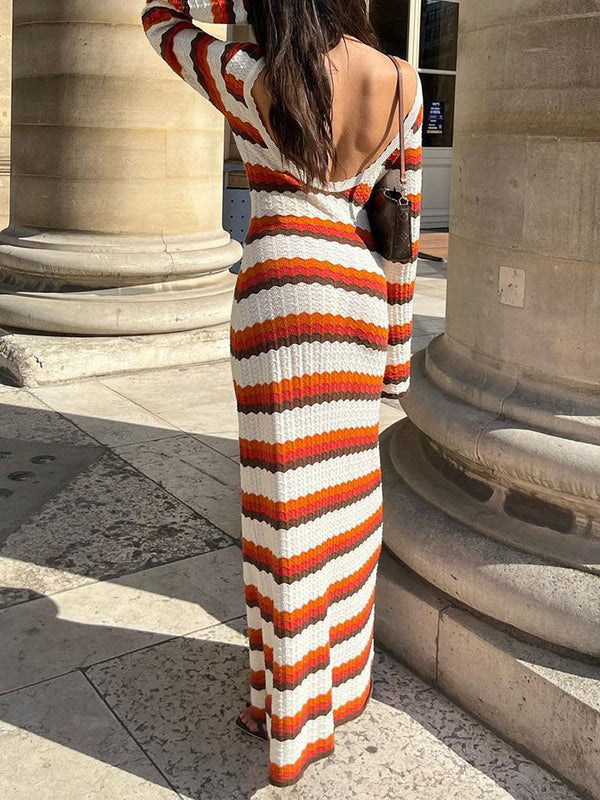 Long Sleeves Loose Backless Split-Joint Striped Round-Neck Maxi Dresses Sweater Dresses