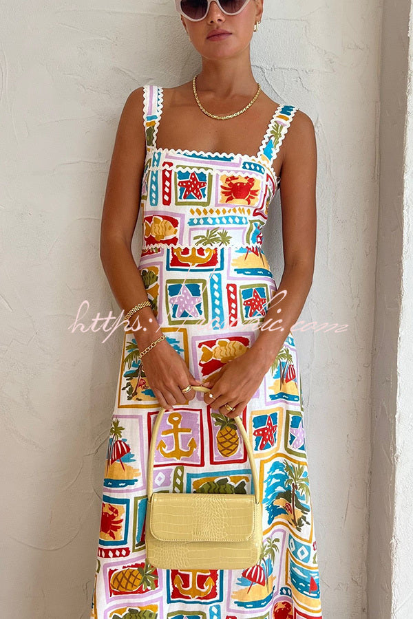 Salty Summer Days Funny Printed Wave Trim Square Collar Maxi Dress