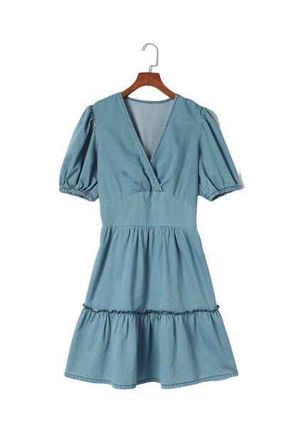Sky Blue V Neck Bubble Sleeve Ruffle Flared Mini Dress