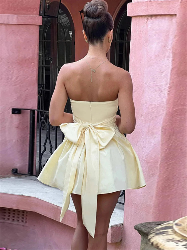 Tossy Tee Bow Bandeau Pleated Mini Dress For Women Fashion Sleeveless Patchwork Bandage Party Dress Female Lace-Up Y2k Dress New