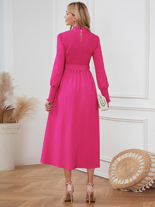 Midi Dress Pleated Polyester Elegant Crewneck Long Sleeves