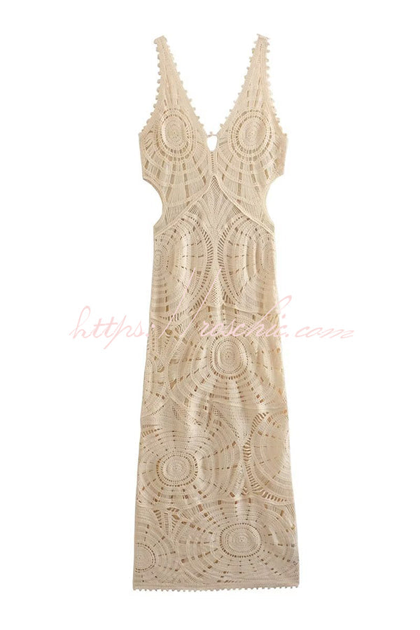 On Vacay Time Crochet Lace Cutout Waist Coverup Stretch Maxi Dress