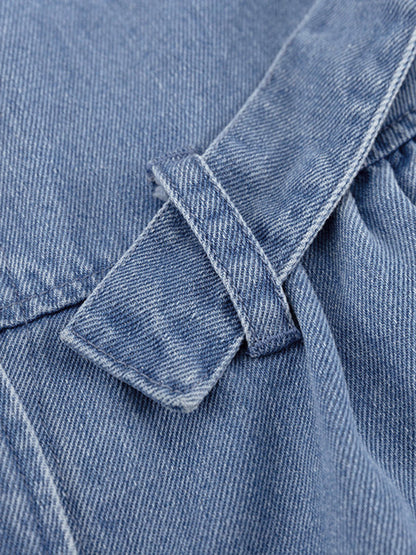 Long Sleeves Loose Split-Joint Tied Waist V-Neck Denim Mini Dresses