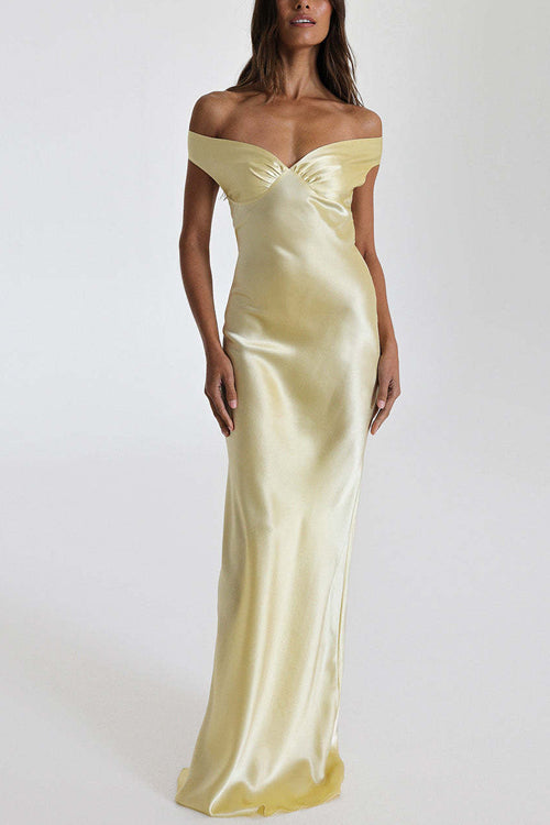 Off Shoulder Backless Cut Out Satin Maxi Dress
