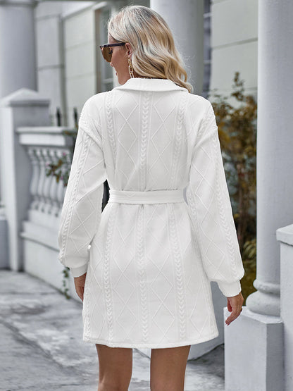 Belted Mini Dresses V-Neck Long Sleeves Solid Color Fall Spring Dress