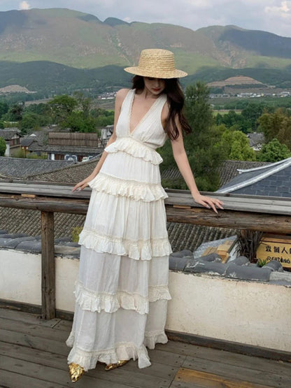 French Soft Ruffle Tiered Maxi Dress – Elegant Cotton Linen Vacation Gown for Summer gunne sax vintage dress