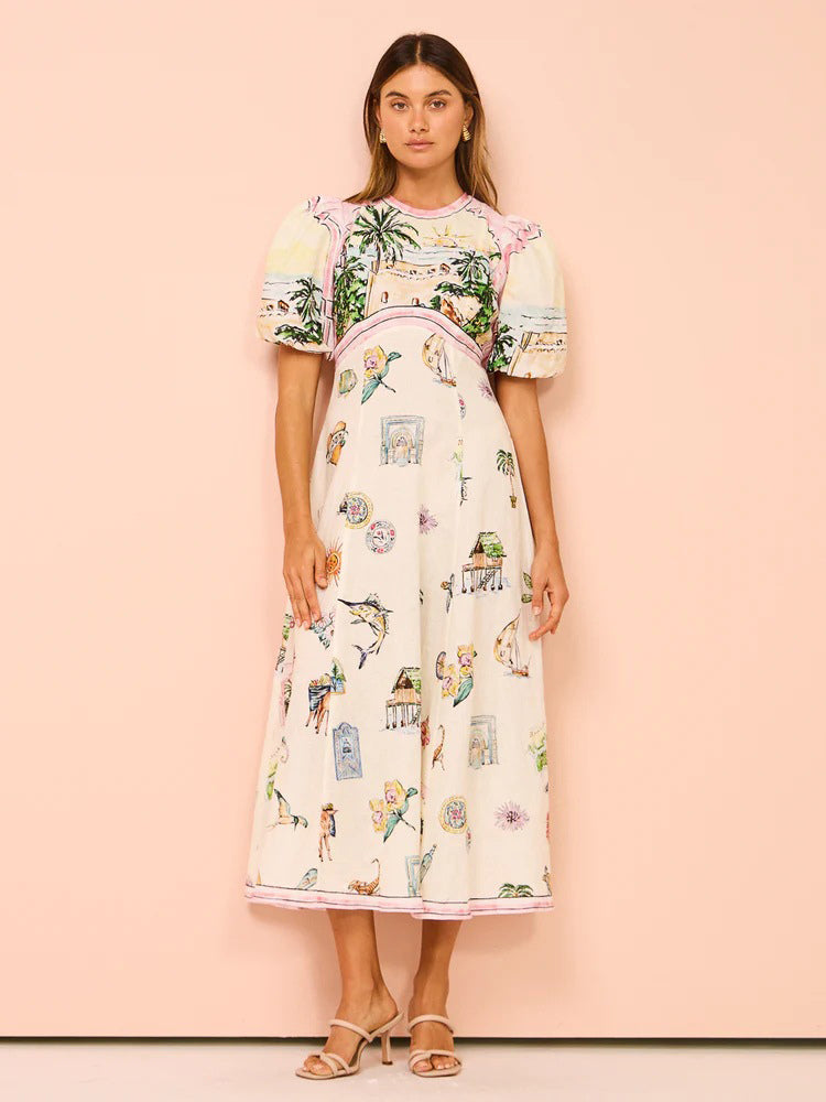 A-Line Dress Painting Puff Sleeves Round Neck Casual Summer Midi Dresses