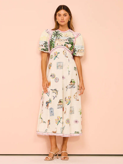 A-Line Dress Painting Puff Sleeves Round Neck Casual Summer Midi Dresses