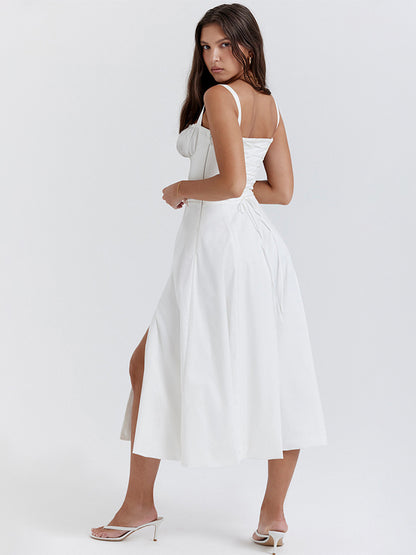 Summer Dress Sleeveless Straps Neck Chic Lace Up Midi Dress For Women