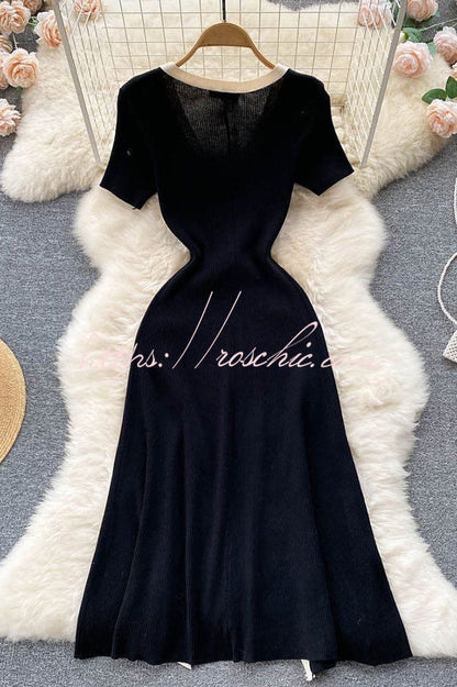Fashionable V-neck Slim Fit Waist Knitted Midi Dress