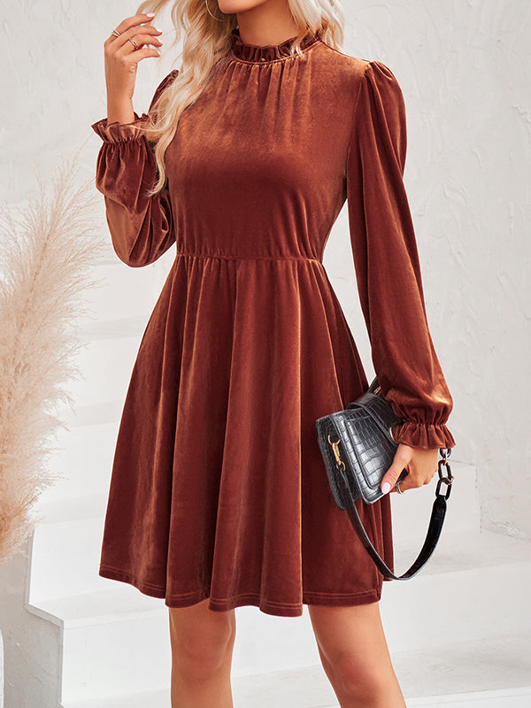 A-Line High Waisted Hollow Ruffled Solid Color Velvet Mock Neck Mini Dresses