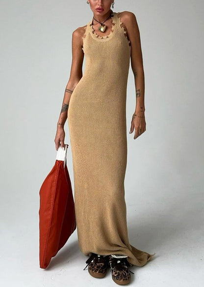 Slim Fit Khaki O Neck Solid Knit Maxi Dresses Sleeveless