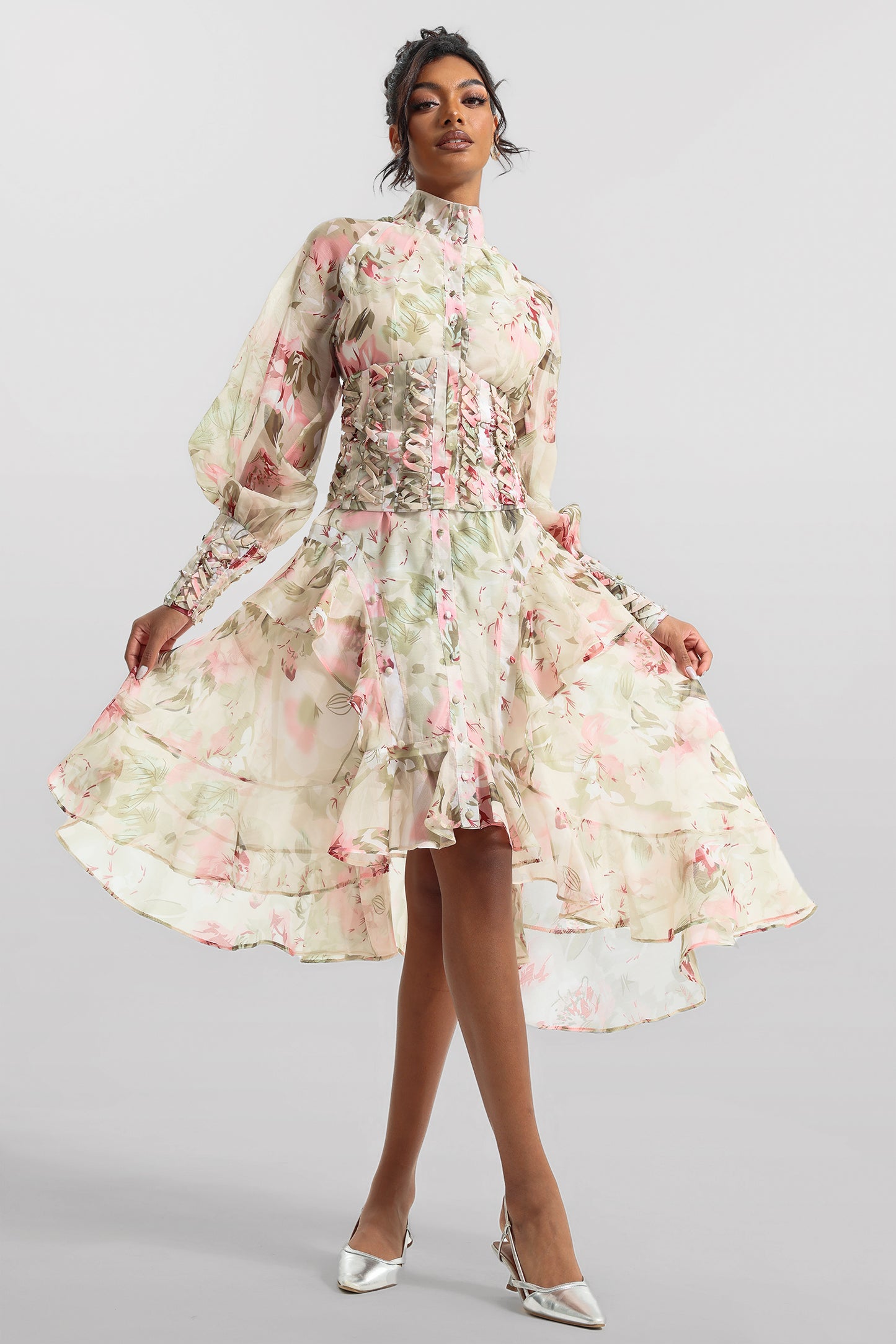 Printed Lantern Sleeve Stand Collar Mesh Midi Dress