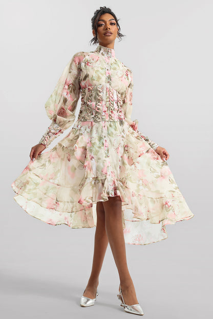 Printed Lantern Sleeve Stand Collar Mesh Midi Dress