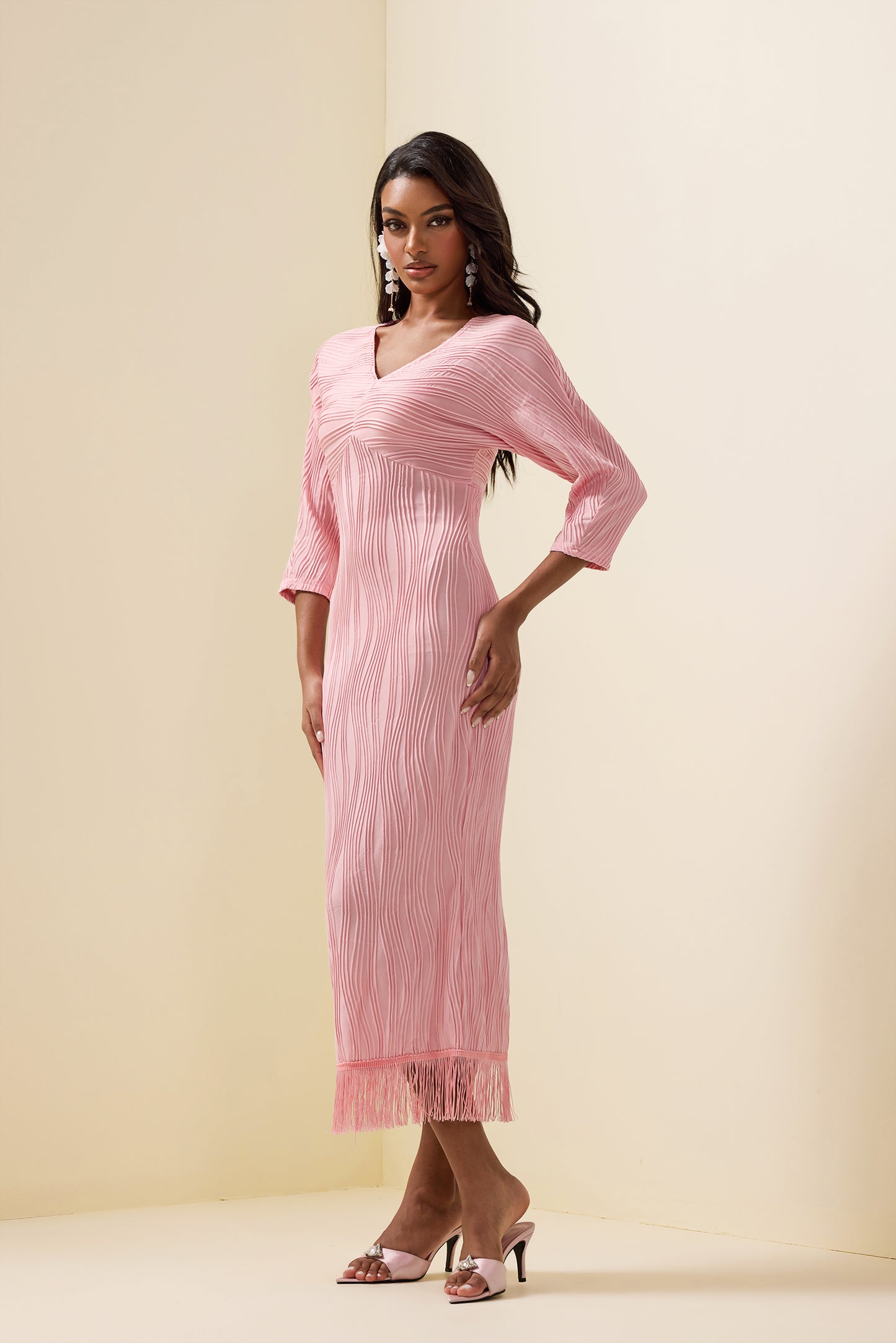 Solid Knit Tassel Midi Dress