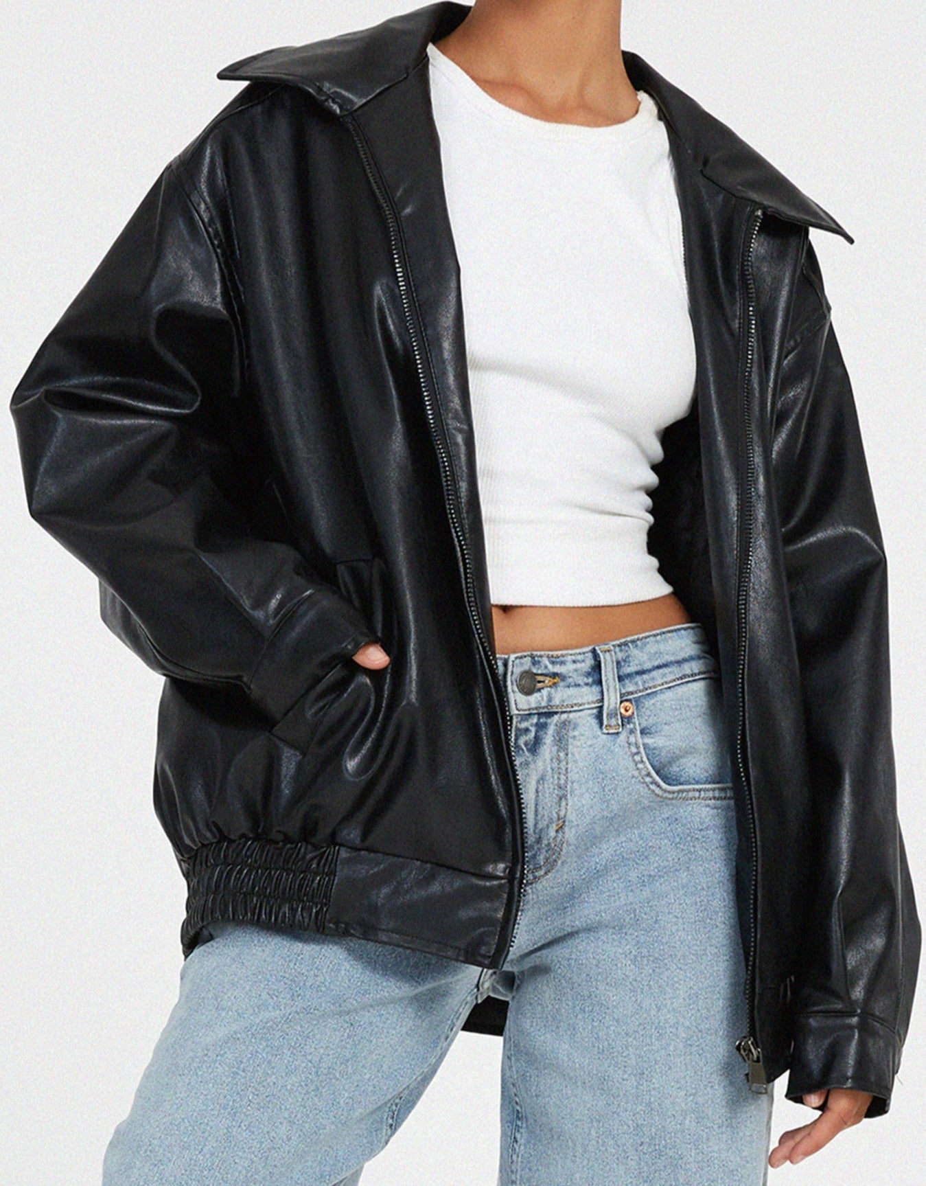 | Women’s Oversized Leather Bomber Jacket