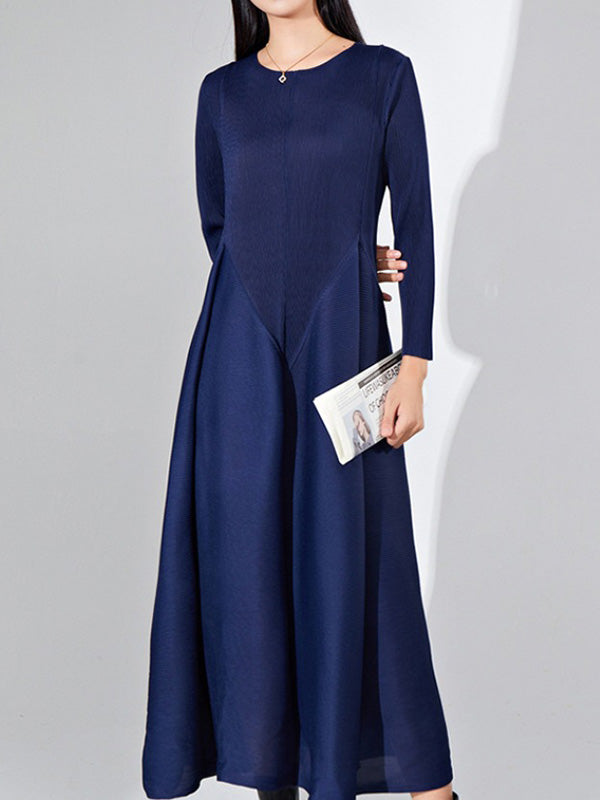 A-Line Loose Pleated Solid Color Split-Joint Round-Neck Midi Dresses