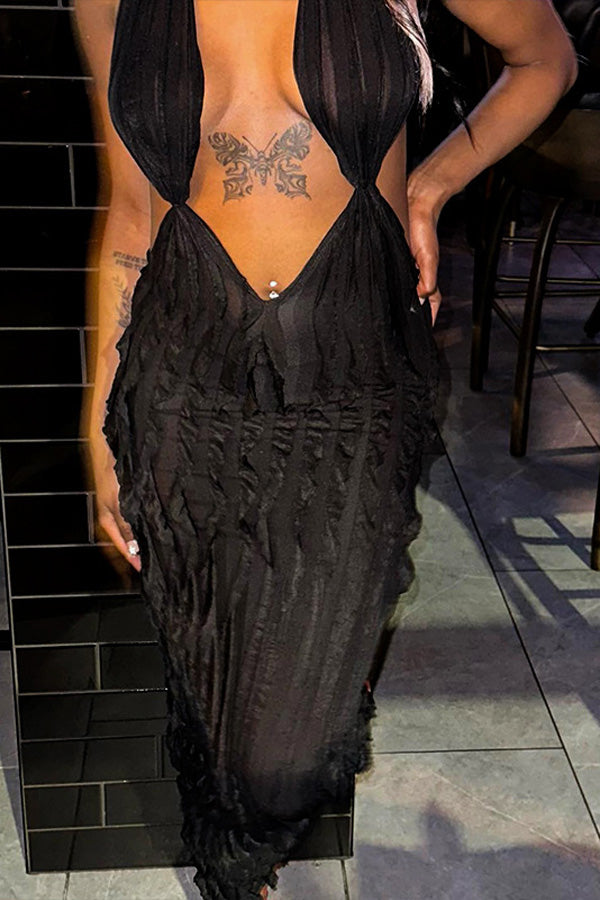 Wavy Pattern Sexy Wrap-Breast Strappy Maxi Dress