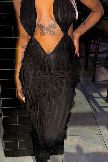 Wavy Pattern Sexy Wrap-Breast Strappy Maxi Dress