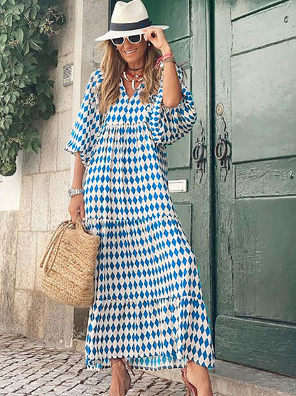 Jewel Neck Maxi Dress 3/4 Length Sleeves Casual Floral Print Long Dress