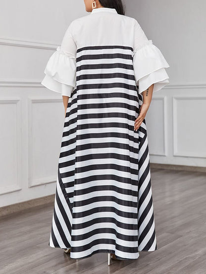 Loose Three-Quarter Sleeves Split-Joint Striped Stand Collar Maxi Dresses