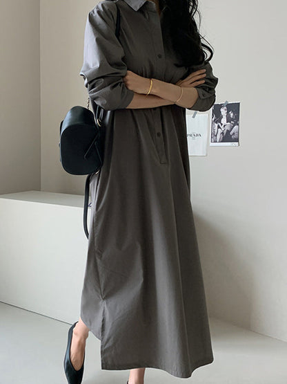 Casual 3 Colors Loose Split-Side Solid Color Midi Dress Shirt Dress