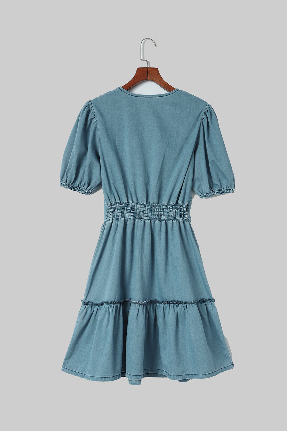 Sky Blue V Neck Bubble Sleeve Ruffle Flared Mini Dress